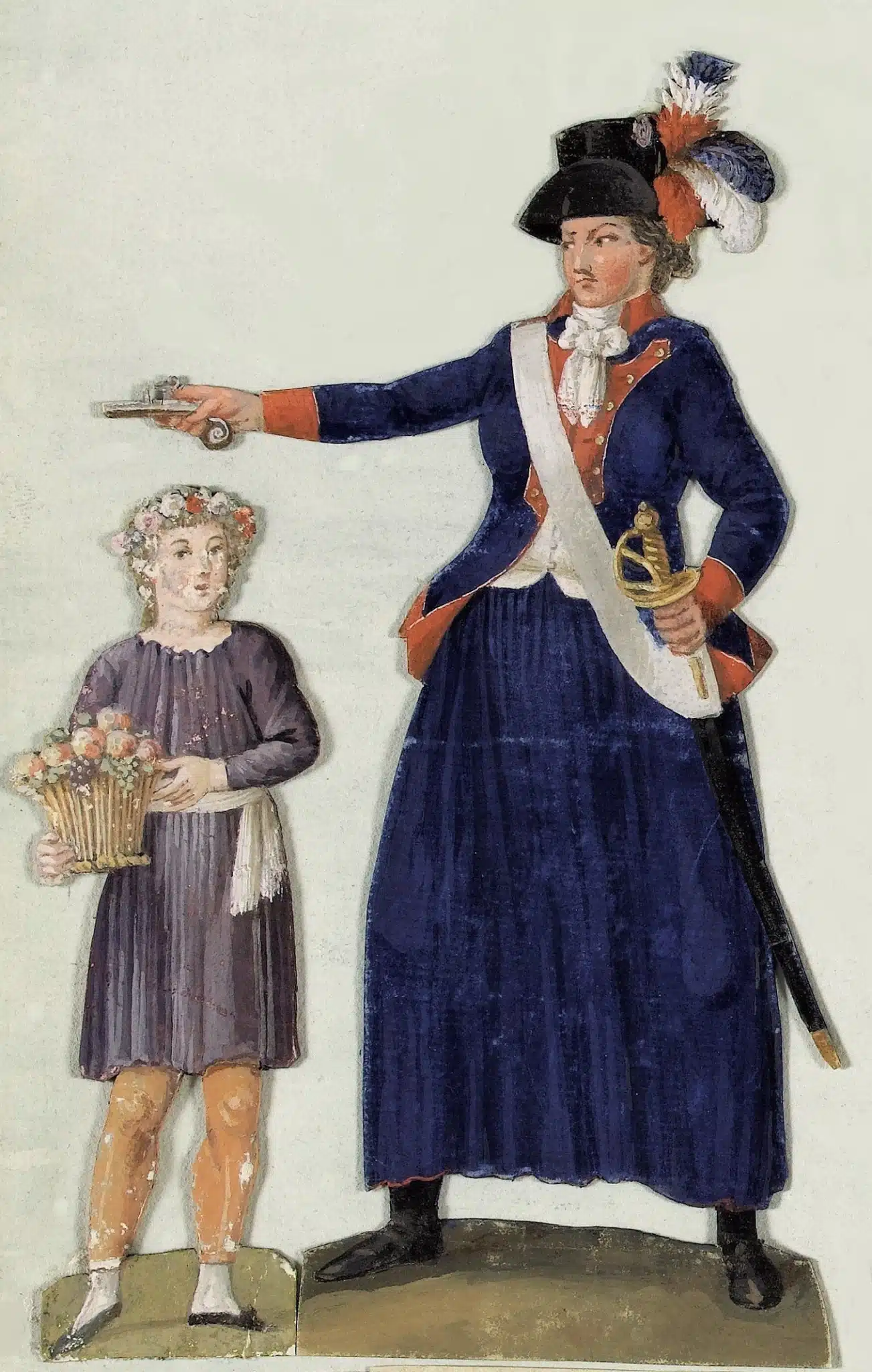 Gouache detail of Théroigne de Méricourt in a blue military-style dress, holding a pistol, beside a child carrying a flower basket.