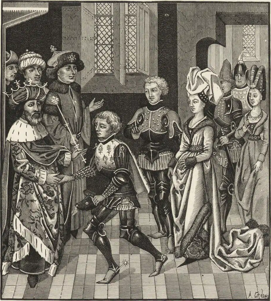Book illustration of a crowned king greeting an armored man, with other figures standing nearby.