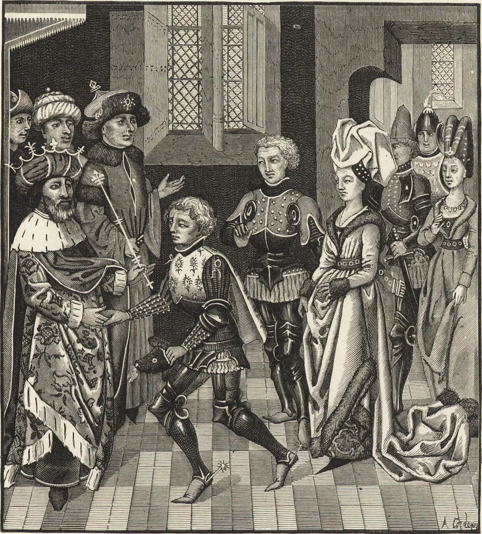Book illustration of a crowned king greeting an armored man, with other figures standing nearby.