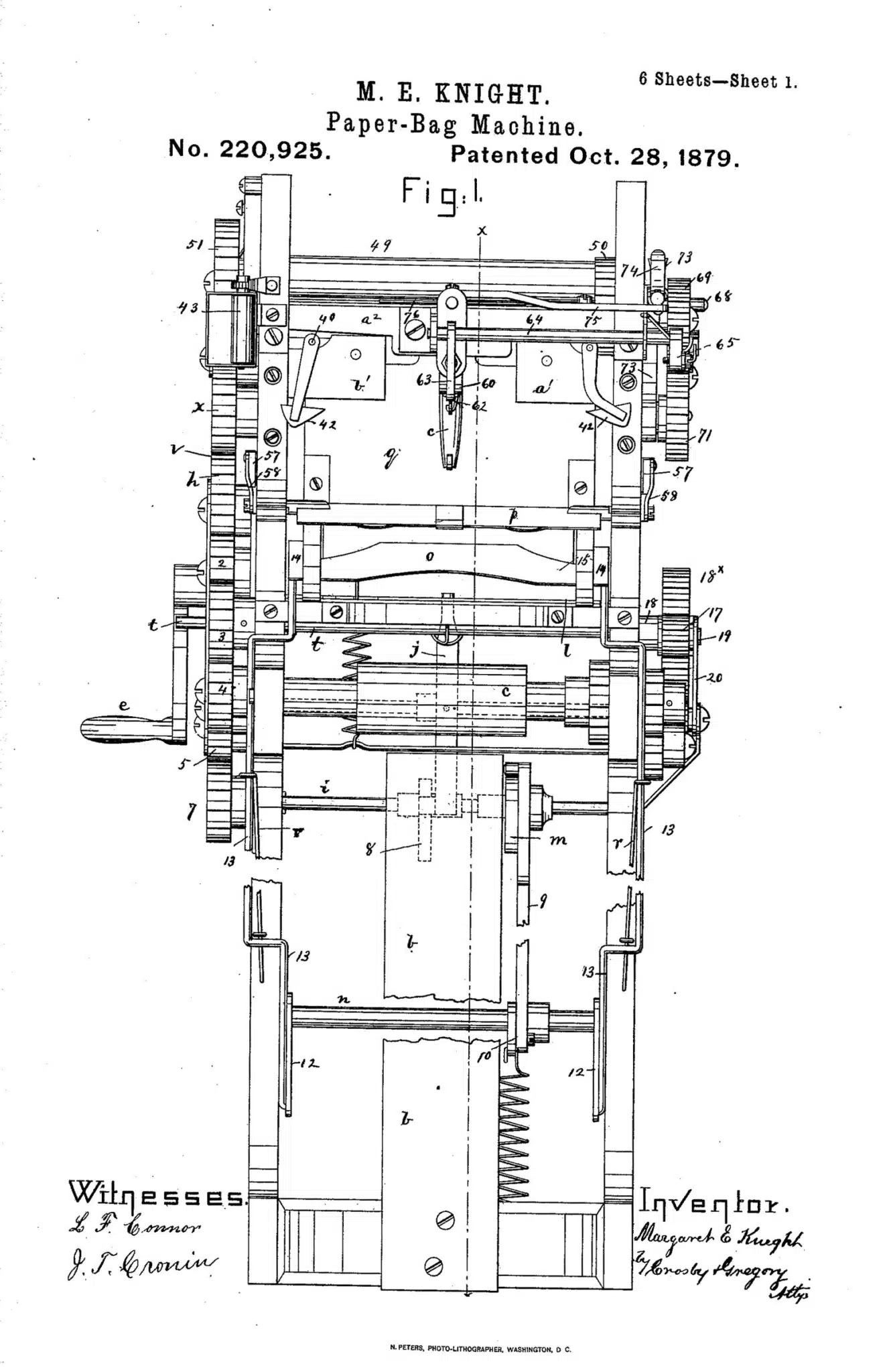 A patent drawing of Margaret E. Knight's paper bag machine.