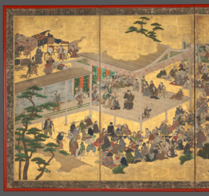 Women’s Kabuki, studio of Kano Takanobu, detail | Amazing Women In History Detail of a gold-ground screen showing a kabuki stage and its crowded audience.