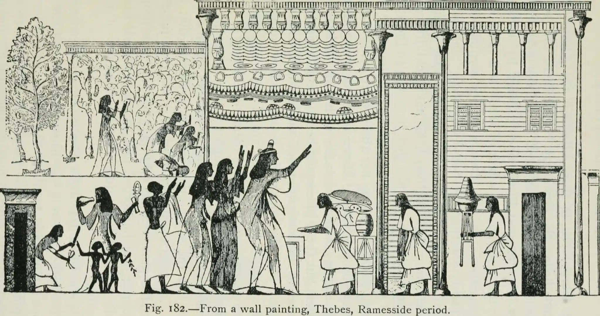 A black-and-white book illustration reproduces an ancient Egyptian wall painting with people and a house.